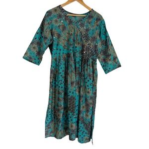 Boho Floral Block Print Tunic Dress XXL Embellished Beaded Festival Cottagecore